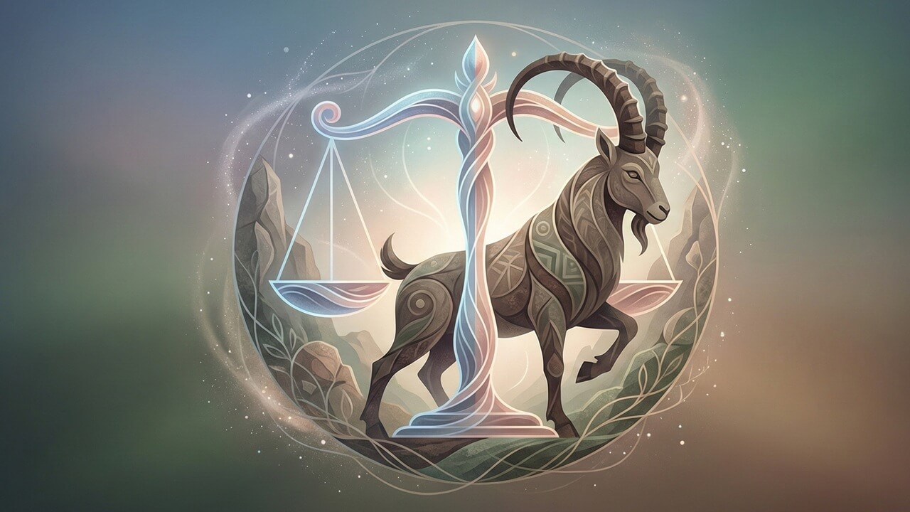 Terazi ve oğlak burcu uyumu için dairesel çerçevede dengede duran terazi ve yanında güçlü bir dağ keçisi.