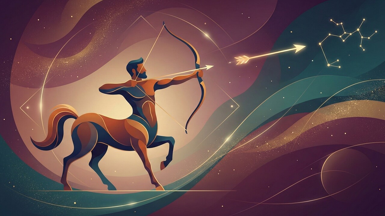 Gökyüzü fonunda yer alan centaur ve hedefe yönelen ok, Yay Burcunun Anlaştığı Burçlar kavramını simgeler.