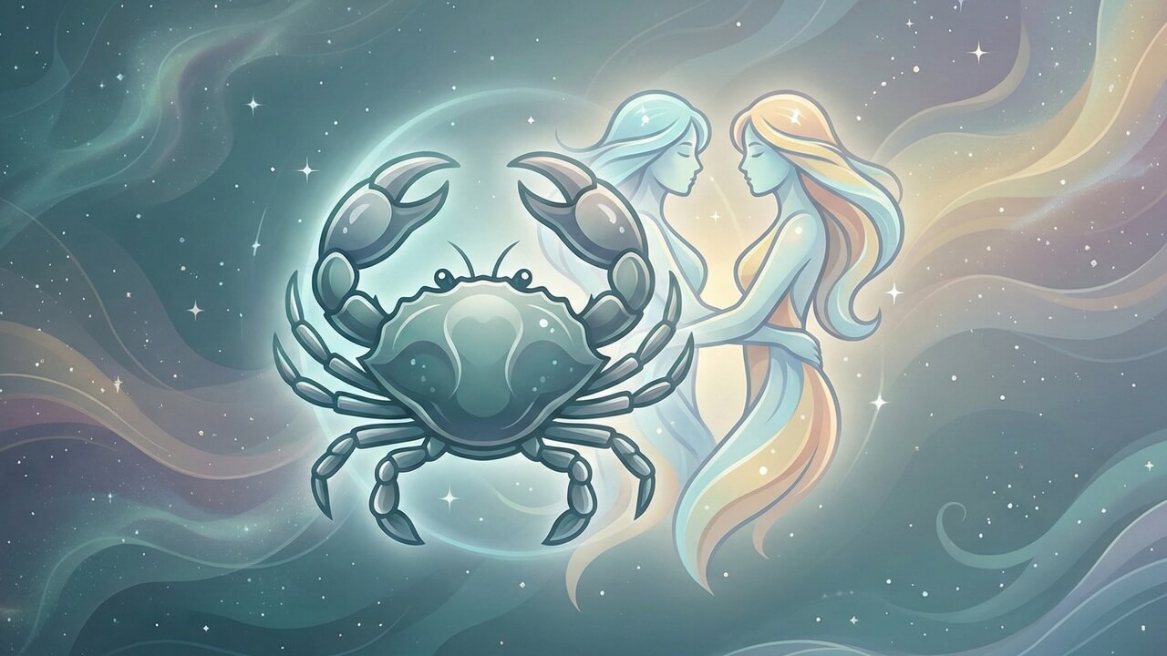 Astrolojik bir döngüde birleşen mavi yengeç illüstrasyonu ve ikiz kadın karakterleri yengeç ve ikizler burcu uyumu vurgusudur.