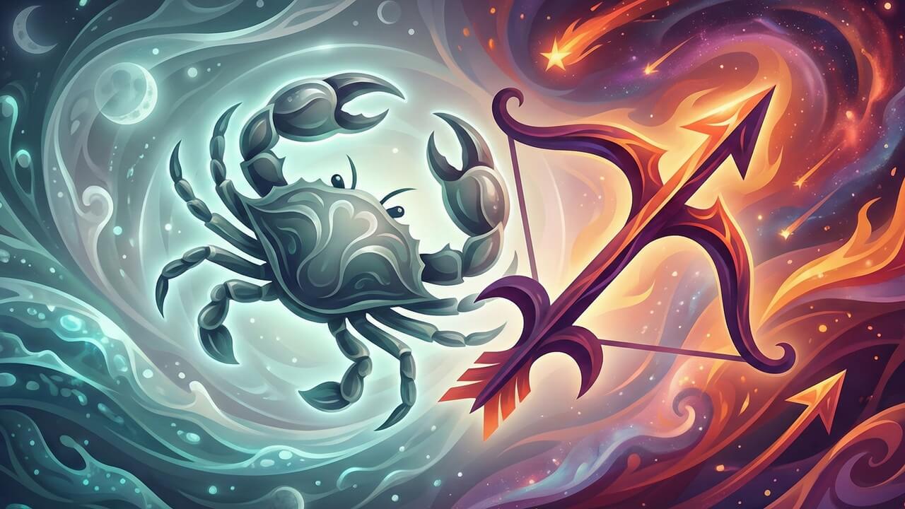 Mistik bir çerçevede yengeç kıskaçları ile yay okunun yan yana gelişi üzerinden yengeç ve yay burcu uyumu vurgusu.