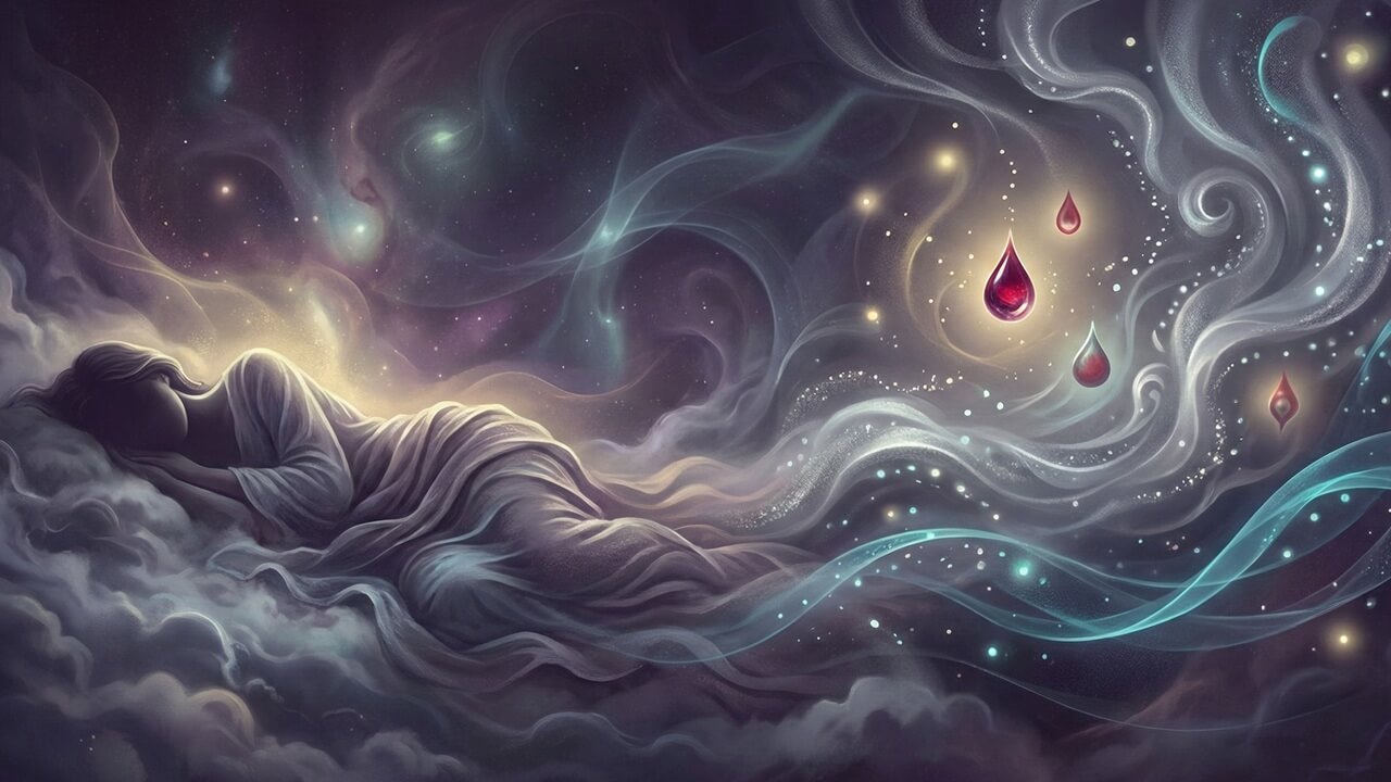 Mistik bulutlar arasında huzurla uyuyan bir figür ve rüyada adet kanı görmek sembolü olan süzülen damlalar illüstrasyonu.