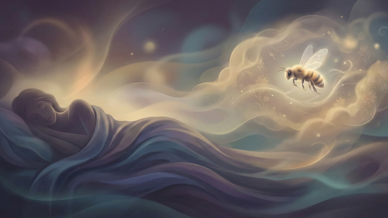 Rüyada arı görmek tabiri için öne çıkan görsel; uyku halindeki kadın ve ışık saçan arı figürünü içeriyor.