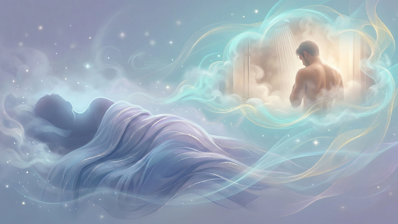 Rüyada banyo yapmak ne anlama gelir konusunu anlatan, bulutlar içinde duş alan bir adamın olduğu rüya görseli.