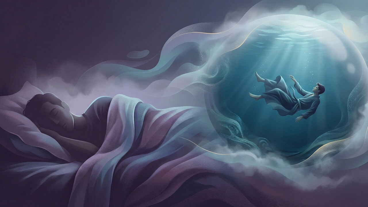 Bilinçaltını temsil eden su küresinde rüyada boğulmak deneyimini yaşayan bir adam ve uyuyan hali çizimi.