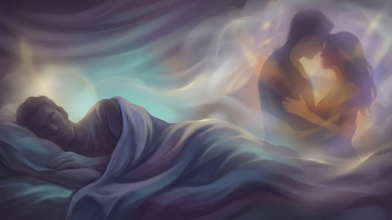 Rüyada cinsel ilişkiye girmek ve yakınlaşmak tabiri için hazırlanan, rüya gören kişi ve çift illüstrasyonu.