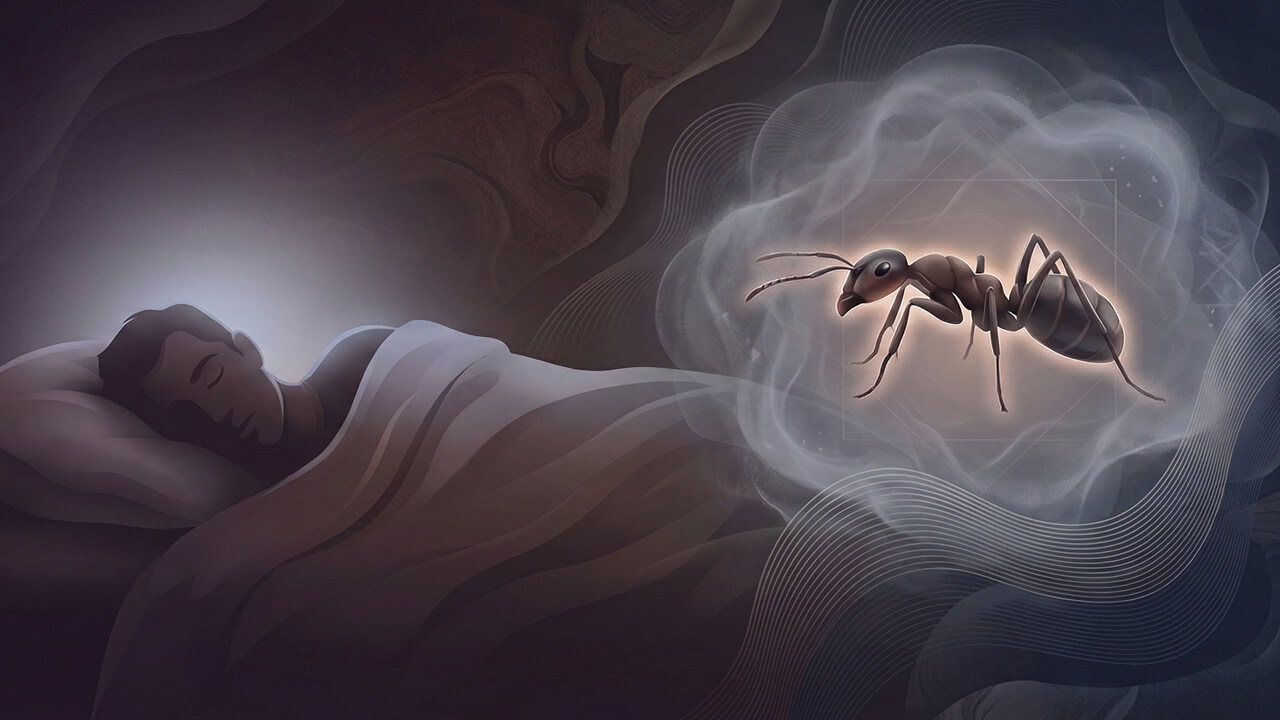 Rüyada karınca görmek ne anlama gelir konulu blog yazısı için, karanlık bir odada uyuyan adam ve ışıkla parlayan karınca görseli.